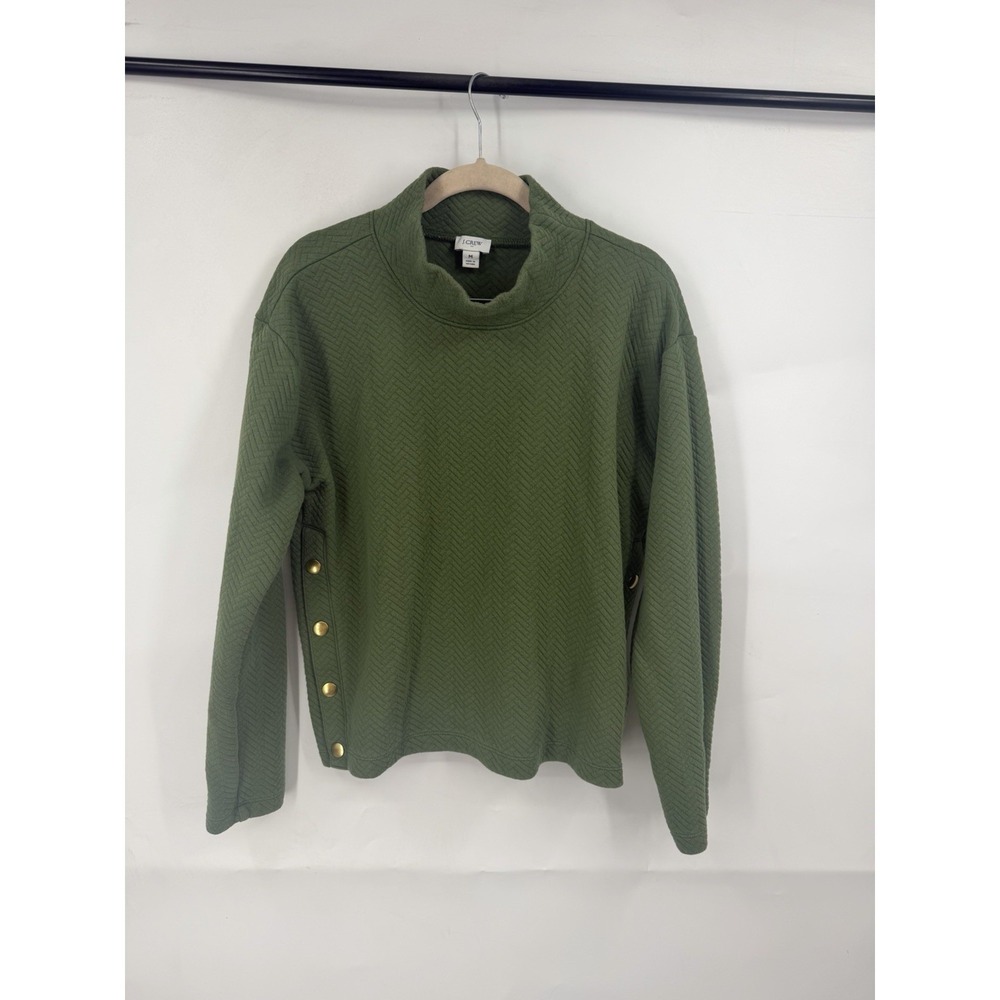 J. Crew Quilted Chevron Pullover Sweater Green Mock Neck Button Side Sweater Med